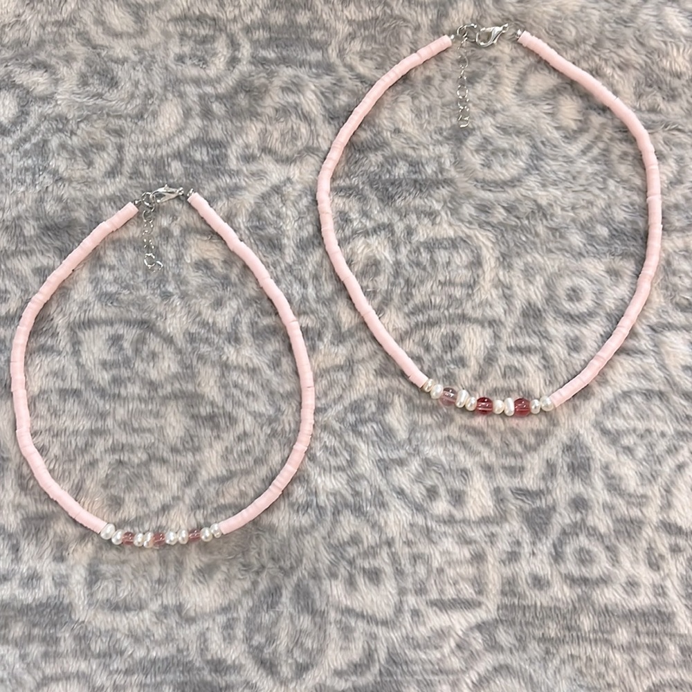 Mommy and Me heishi bead adjustable choker style necklaces.